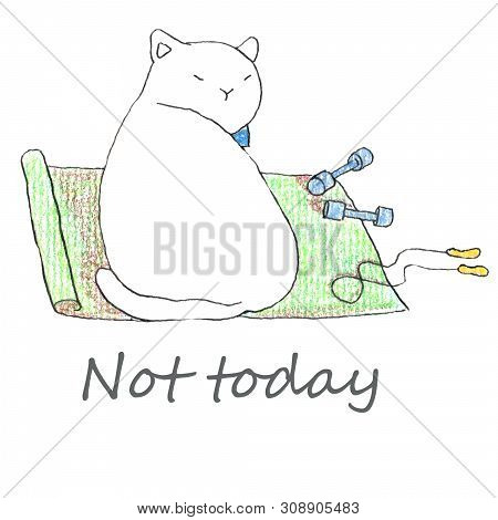 Fat Funny White Cat Sitting On The Green Yoga Matl. Hand Drawn Illustration By Color Pencils And Ink