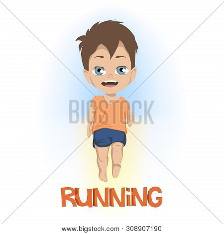 Cartoon Of Front View On Little Boy In Shorts And Tee Shirt Running Above Running In Orange Text Ove