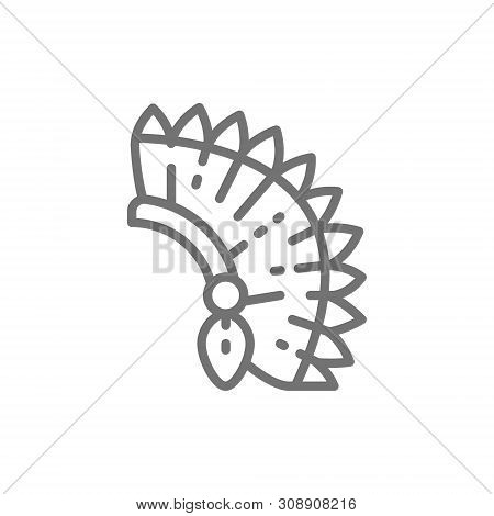 Indian Chief Headdress, Native American Hat Line Icon.