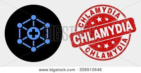 Rounded Medical Links Icon And Chlamydia Stamp. Red Rounded Distress Seal With Chlamydia Text. Blue 