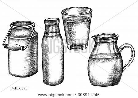 Vector Set Of Hand Drawn Black And White Milk Stock Illustration