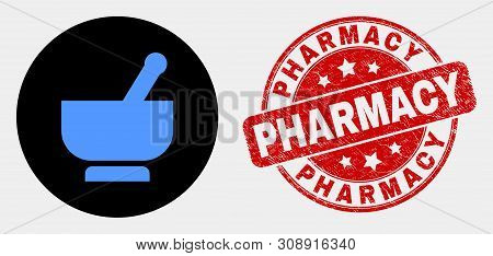 Rounded Mortar Icon And Pharmacy Seal Stamp. Red Rounded Textured Seal Stamp With Pharmacy Text. Blu
