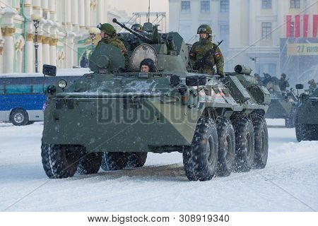 Saint Petersburg, Russia - January 24, 2019: Btr-82a Armored Personnel Carrier With Soldiers Close-u