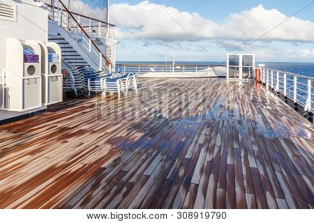 Washed Down Teak Deck Of A Cruise Ship In The South Pacific