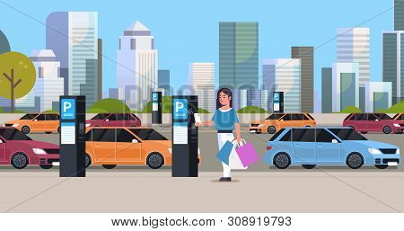 Girl Driver Paying To Parking Place By Smartphone At Pay Station Ticketing Machine Nfc Payment Syste