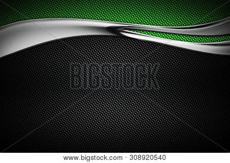 Green And Black Carbon Fiber And Curve Chromium Frame. Metal Background And Texture. Material Design