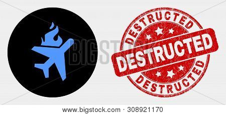 Rounded Fired Airplane Icon And Destructed Watermark. Red Rounded Scratched Seal With Destructed Tex