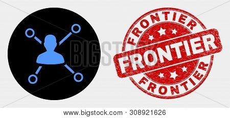 Rounded Person Links Icon And Frontier Seal Stamp. Red Rounded Scratched Stamp With Frontier Text. B