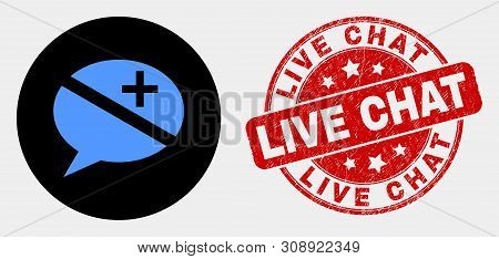 Rounded Discussion Messages Icon And Live Chat Seal. Red Rounded Textured Watermark With Live Chat C