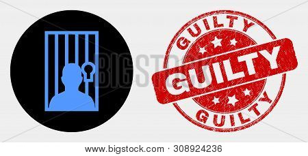 Rounded Jailed Person Icon And Guilty Seal Stamp. Red Rounded Distress Seal Stamp With Guilty Captio