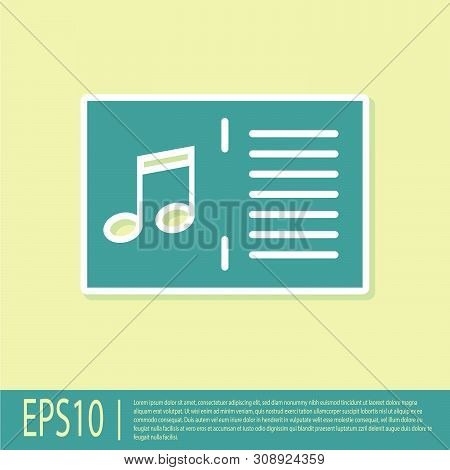 Green Music Book With Note Icon Isolated On Yellow Background. Music Sheet With Note Stave. Notebook