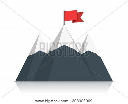 Mounatins With Red Flag, White Background, Vector Eps10 Illustration