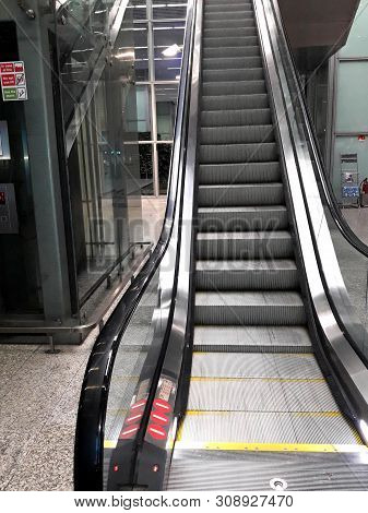 Dum Dum, Kolkata, West Bengal, India, Friday, June 14, 2019:  Close Up Of An Escalator In The Intern