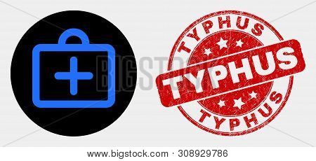 Rounded First-aid Case Icon And Typhus Stamp. Red Rounded Textured Seal Stamp With Typhus Caption. B