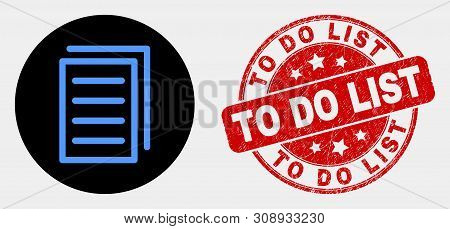 Rounded List Page Icon And To Do List Stamp. Red Rounded Distress Stamp With To Do List Text. Blue L