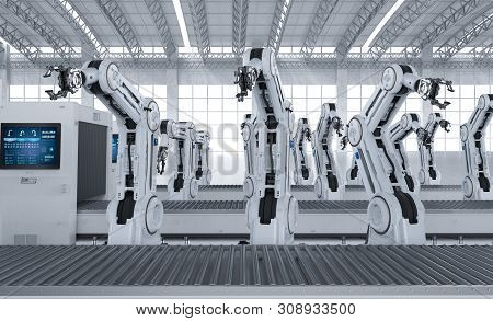 Automation Aumobile Factory Concept With 3d Rendering Robot Assembly Line In Car Factory