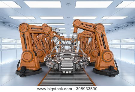 Automation Aumobile Factory Concept With 3d Rendering Robot Assembly Line In Car Factory