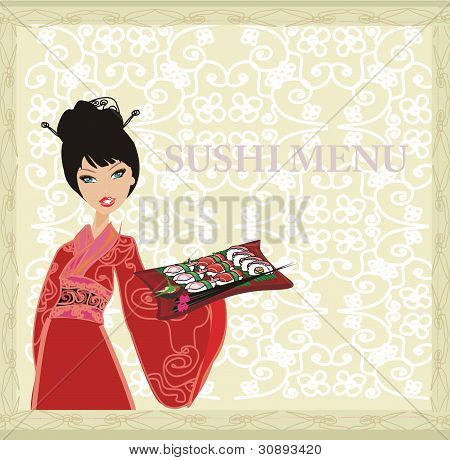 smukke asiatiske pige nyde sushi - menuen skabelon