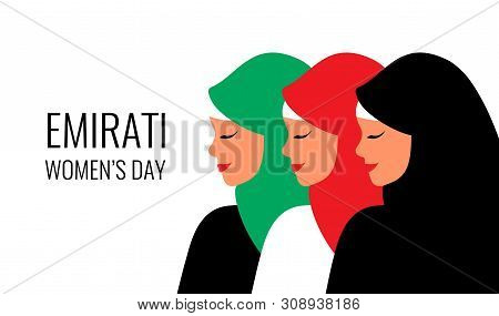 Emirati Women's Day Greeting Card With Young Arab Woman Wearing Colorful Hijab. Vector Illustration 