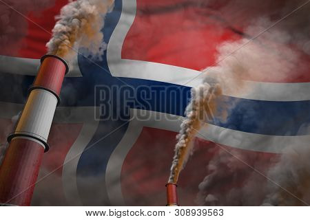 Norway Pollution Fight Concept - Two Big Industrial Chimneys With Heavy Smoke On Flag Background, In