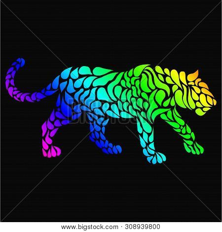 Silhouette Of A Panther In A Tattoo Style. Rainbow Colors In Bla