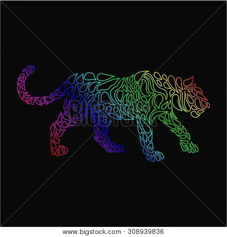 Silhouette Of A Panther In A Tattoo Style. Rainbow Colors In Bla