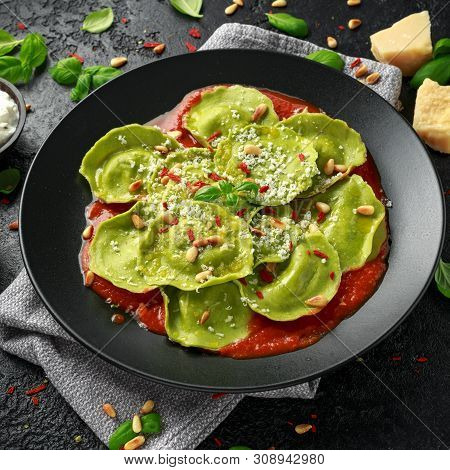 Italian Ravioli Pasta Stuffed With Basil Pesto, Creamy Ricotta And Crunchy Pine Nuts. Healthy Vegeta