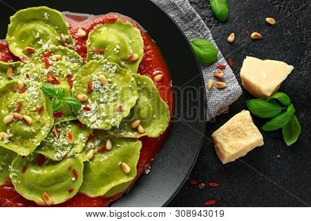 Italian Ravioli Pasta Stuffed With Basil Pesto, Creamy Ricotta And Crunchy Pine Nuts. Healthy Vegeta