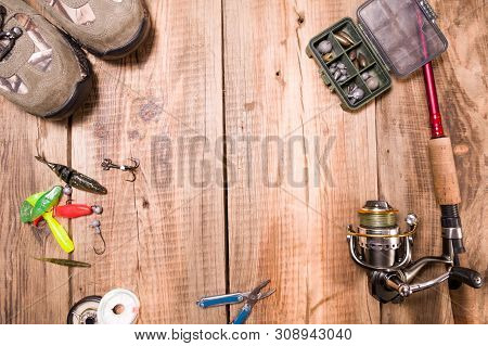 Fishing Gear Collection. Fishing Gear Preparation. Flat Lay. Fishing Gear Collection. Fishing Gear P