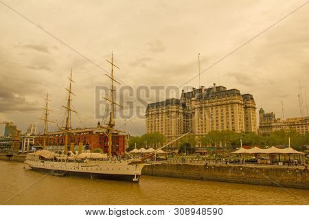 Buenos Aires, Argentina - October 1: Frigate President Sarmiento Docked At The Dock In Puerto Madero