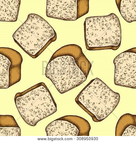 Seamless Pattern With Hand Drawn Colored Croissants And Bread Stock Illustration