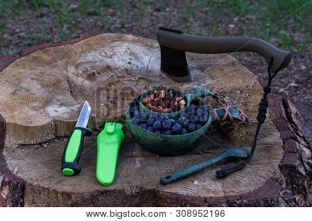 Camp Knife And Ax. Camping Utensils And Tools. Knife, Ax And Utensils.