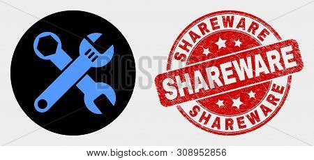 Rounded Wrenches Icon And Shareware Watermark. Red Rounded Scratched Watermark With Shareware Text. 