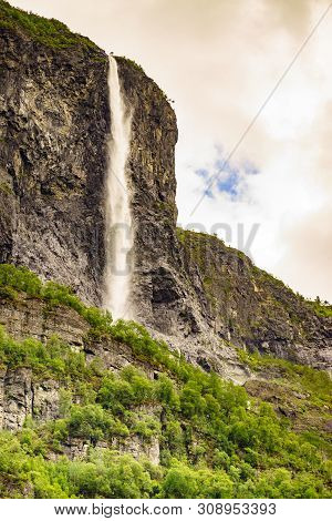 Kjelfossen Waterfalls Kjell Falls Seen From Gudvangen Village, Sogn Og Fjordane, Norway. Waterfall I