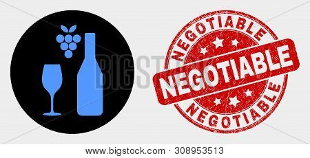 Rounded Wine Icon And Negotiable Seal Stamp. Red Rounded Scratched Seal Stamp With Negotiable Text. 