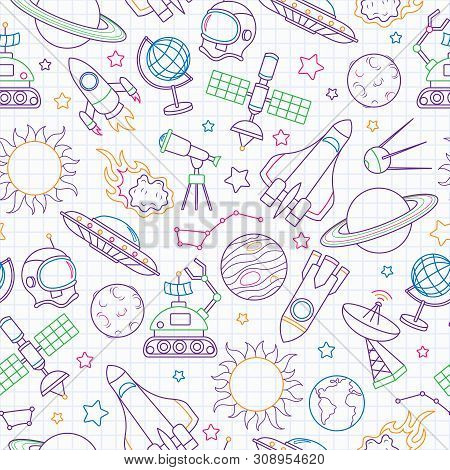 Seamless Pattern On The Theme Of Space And Space Flight, Icons Drawn With Colored Marker On The Clea