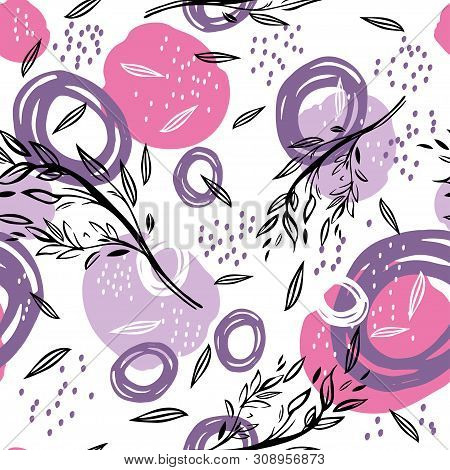 Seamless Pattern With Branches And Abstract Figures.