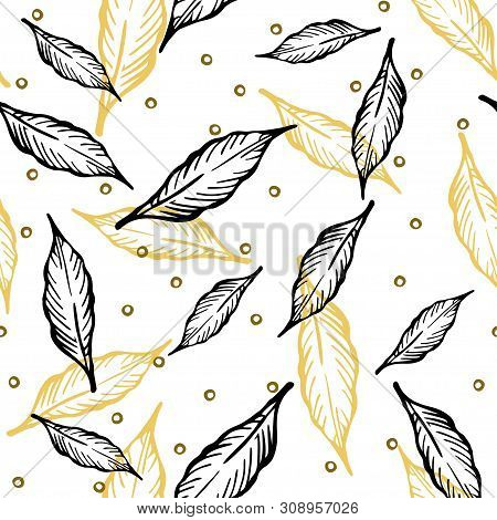 Seamless Pattern With Leaves And Abstract Figures.
