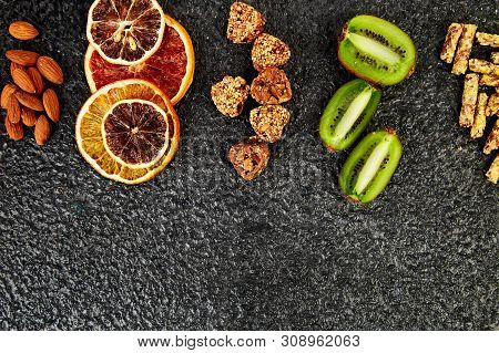 Healthy Snacks -  Variety Oat Granola Bar,  Rice Crips, Almond,  Kiwi, Dried Orange