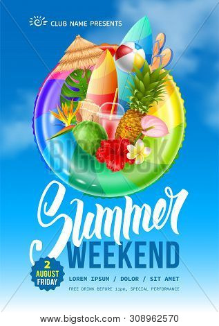 Advertising Flyer Template For Summer Weekend Party Near The Pool Or Seacoast. Swim Ring, Tropical L