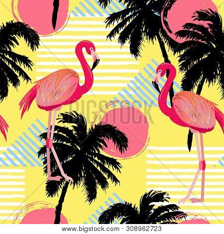Bright Semless Pattern With Pink Flamingo, Palm Tree And Sun. Vector Illustration.