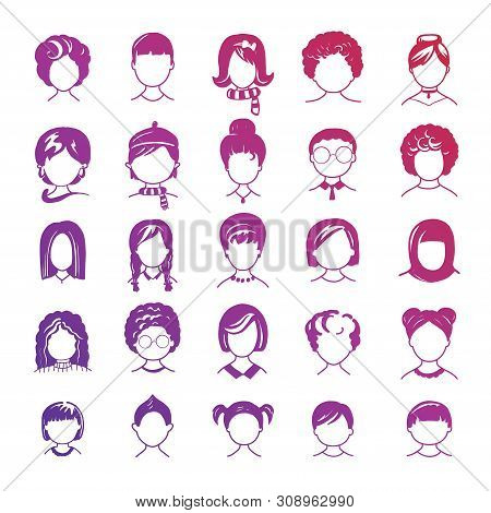 Set Of Avatar Or User Icons. Vector Illustration. Silhouettes Man And Woman. Adult, Youth And Child 