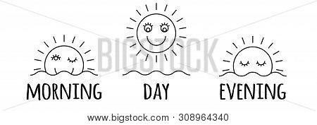 Time Of The Day Simple Icons Set. Sunrise, Sun, Sunshine Silhoue