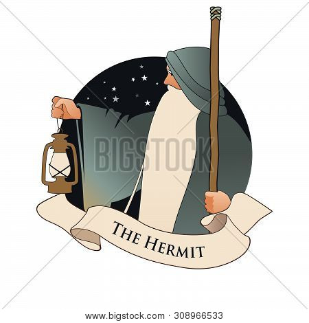 Major Arcana Emblem Tarot Card. The Hermit. Old man with a long beard, wearing a long hooded robe, leaning on a staff and illuminating his path with an old lamp, isolated on white background