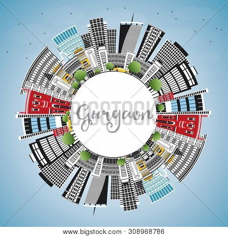 Gurgaon India City Skyline with Gray Buildings, Blue Sky and Copy Space. Business Travel and Tourism Concept with Modern Architecture. Gurgaon Cityscape with Landmarks. 