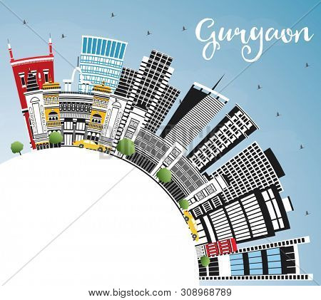 Gurgaon India City Skyline with Gray Buildings, Blue Sky and Copy Space. Business Travel and Tourism Concept with Modern Architecture. Gurgaon Cityscape with Landmarks. 