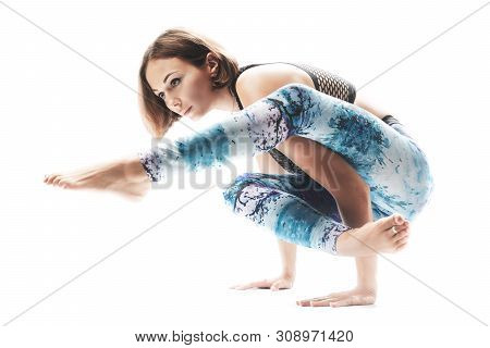 Beautiful Young Woman Practicing Yoga On White Background. Inspirational Mood, Complex Asana, Embrac