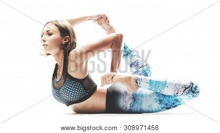 Beautiful Young Woman Practicing Yoga On White Background. Inspirational Mood, Complex Asana, Embrac