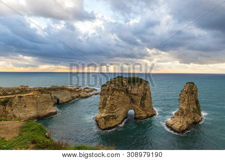 Sunset At The Raouche Rocks In Beirut Lebanon