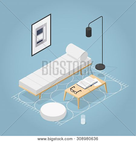 Vector Isometric Room Interior In Mid Century Style. Daybed, Pouf, Coffee Table With Vase Open Book 